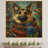 German Shepherd Dog Christmas Painting in Vintage Oil Style with Festive Scarf and Holiday Background on Ready to Hang 1.5" Thick Canvas Wrap, Floating Framed Canvas, Flat Rolled Canvas